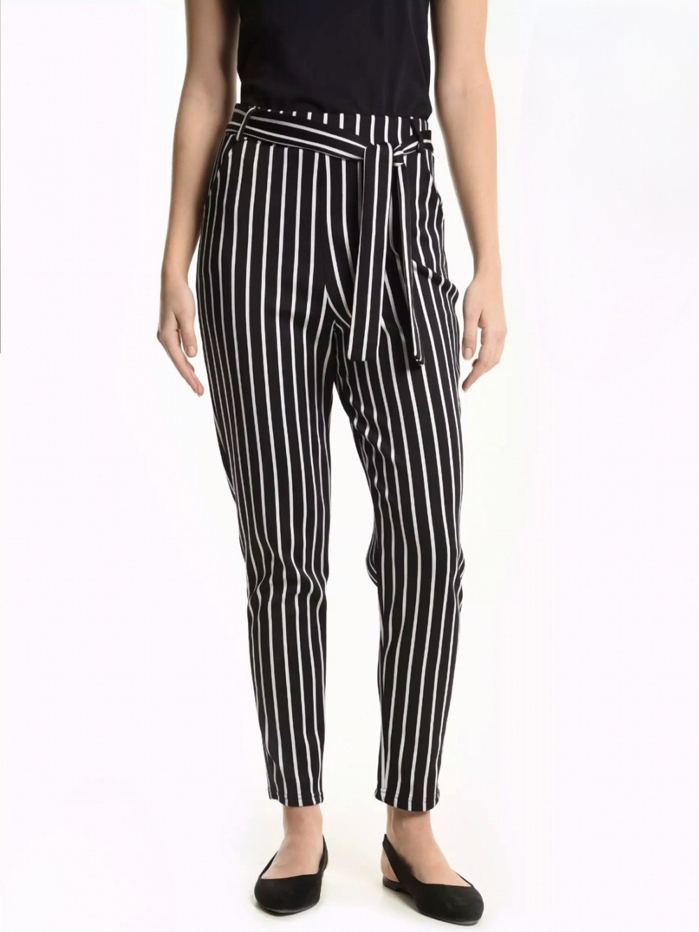 Vertical Stripe Tie-Waist Black & White Trousers